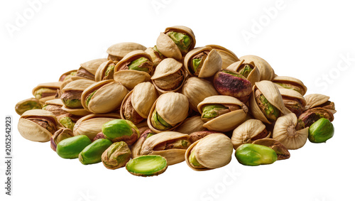 Pile of unshelled and shelled pistachios with green kernels