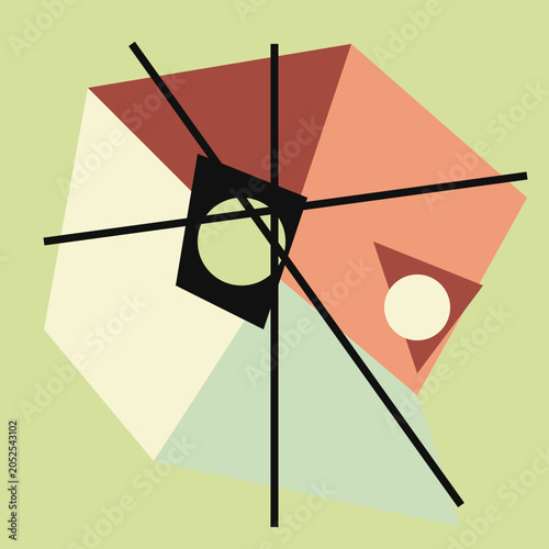 Foto Abstract cubist geometric composition featuring sharp angles, intersecting black lines, and muted earthy color palette