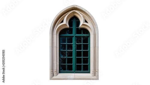 Obraz na płótnie Gothic arched stone window with green panes