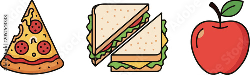 School lunch food items vector set, cute flat design pizza slice, club sandwich, and red apple isolated on white background.