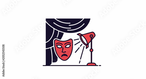 A dramatic mask is illuminated by a spotlight on a stage with draped curtains