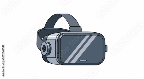 A grey and silver virtual reality headset with a black strap, angled to the left