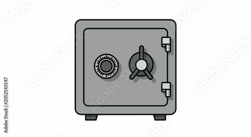 A grey safe with a dial and a three-spoked wheel on its door