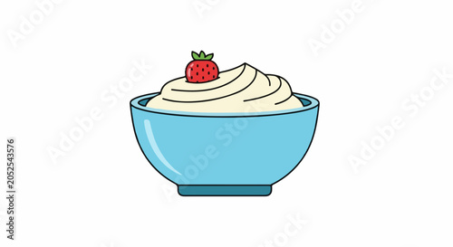 A light blue bowl overflows with creamy whipped topping, crowned by a single bright red strawberry