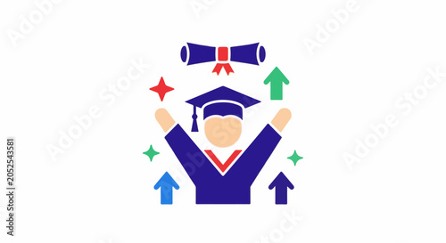 A happy graduate celebrates their achievement with a diploma and upward arrows