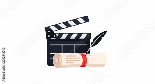 A movie slate and scroll with a quill pen, representing storytelling and filmmaking