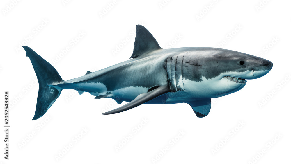 Fototapeta premium Great White Shark swimming underwater with mouth open