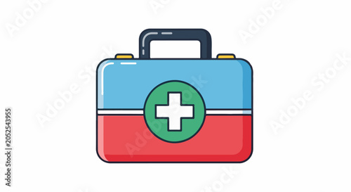 A red and blue medical kit with a green circle and white cross