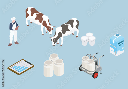 Isometric Dairy Farm Icons Set with Cattle, Milking Machine and Milk Products
