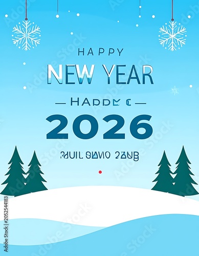 A snowy scene with trees and snowflakes celebrating new year