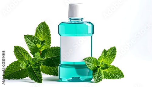 A teal mouthwash bottle with white cap and green mint leaves