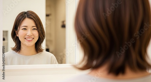 Young Japanese Woman Smiling Happily at Her Reflection in a Mirror.