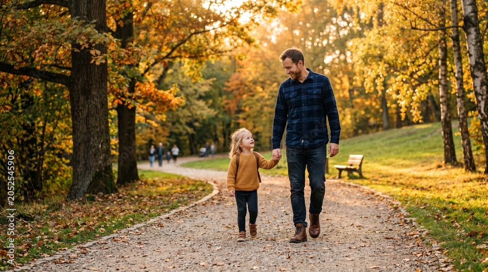 Obraz premium Father and daughter holding hands walking on a path in a park during autumn with golden leaves and warm sunlight