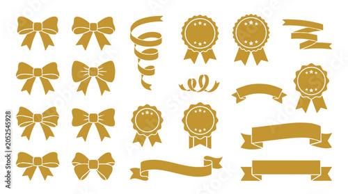 Gold ribbon and award badge icon set on white background