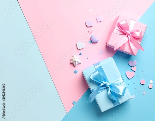 Two gifts with bows on pink and blue background with hearts