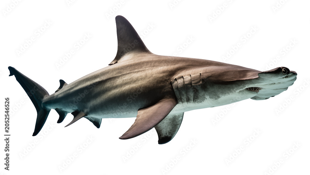 Fototapeta premium Hammerhead shark swimming side view, detailed skin texture