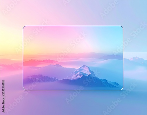 Interface abstraite avec verre dépoli, lumière douce, illustrant un paysage de montagne