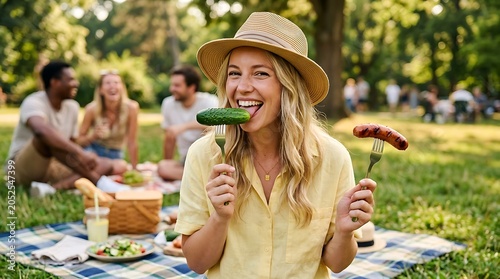 Woman enjoying sunny picnic in green park
