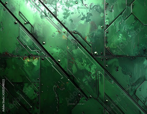 A green metallic surface with diagonal lines and rectangular panels