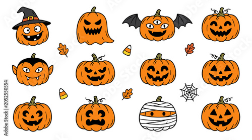 Set of cute Halloween pumpkin characters and spooky doodles