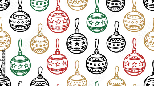 Seamless pattern of hand drawn Christmas ornament baubles