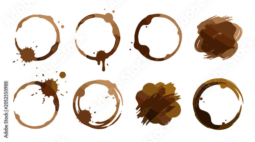 Set of brown coffee cup ring stains and splatter marks