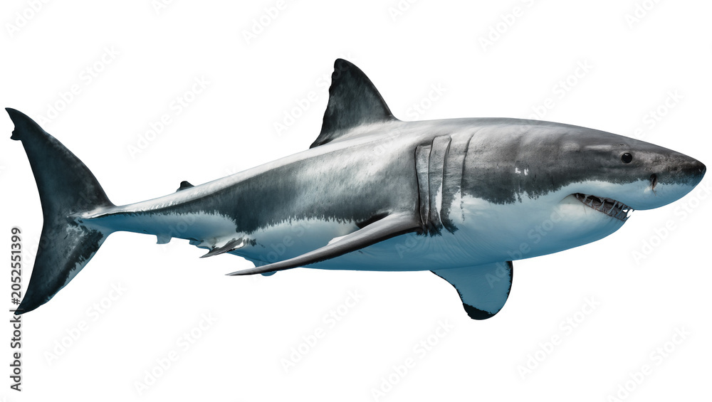 Fototapeta premium Great white shark swimming detailed view, white