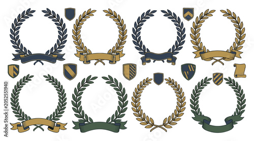Set of laurel wreaths ribbons and heraldic shields vector