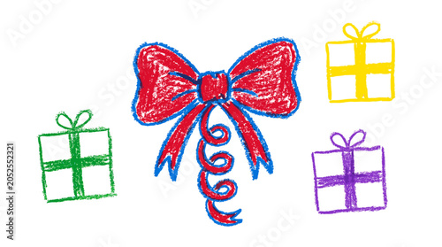 Crayon style gift boxes with red ribbon bow illustration
