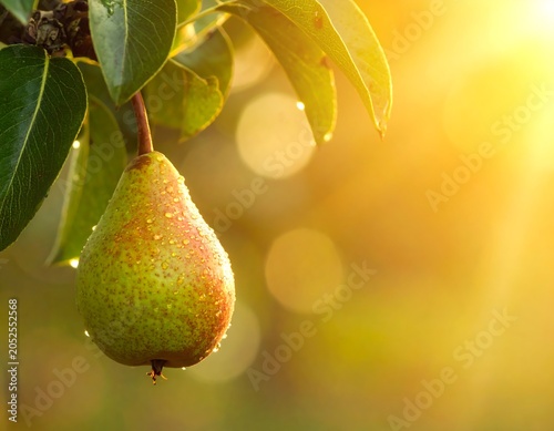 A green pear with red blush on a tree branch with dew-kissed leaves