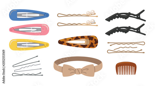 Set of colorful hair clips, pins, comb and headband accessories