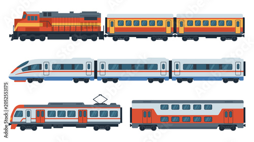 Flat vector set of different passenger trains and rail cars