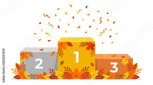 Empty sports podium decorated with autumn leaves and confetti.
