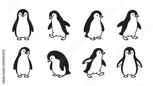 Penguins Standing in Various Poses with Different Expressions Featuring Penguin, Black and White, Cartoon with Illustration and Animal Elements