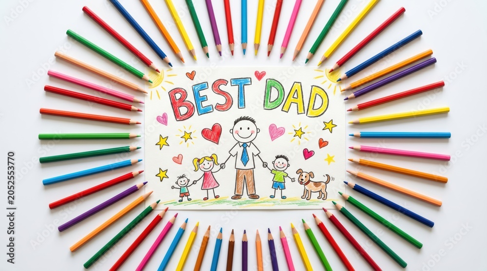 Fototapeta premium Hand drawn best dad greeting card illustration surrounded by colorful pencils