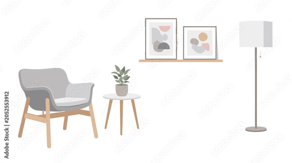 Fototapeta premium Minimal living room interior with armchair, table and floor lamp