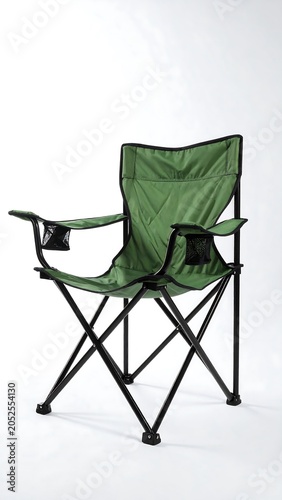 A green portable folding chair with black metal frame