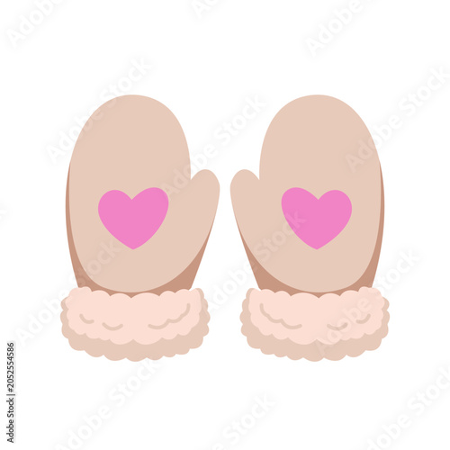 Beige winter mittens with heart pattern isolated on white.