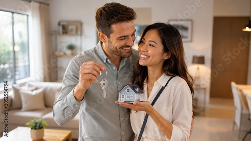 Happy young diverse couple celebrating home ownership while holding house model and silver keys in their bright modern living room