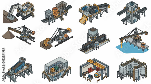 Set of isometric industrial mining and construction machinery icons for heavy equipment engineering.
