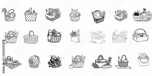 Fotografía Picnic Basket Icon Collection – Vector Line Art Set of Hand Drawn Wicker Hampers