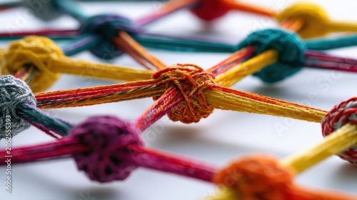 Macro view complex interconnected matrix structure formed colourful cashmere yarn bundles conductive wires representing seamless business system connection synergy concept elegant clean background.