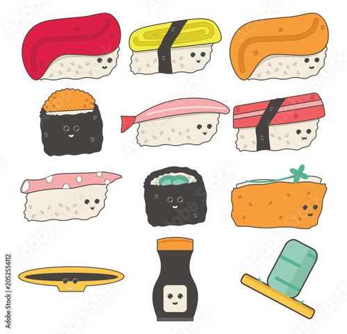 Cute Kawaii Sushi Collection Vector Set Japanese Food Cartoon Characters with Nigiri Rolls Soy Sauce and Wasabi