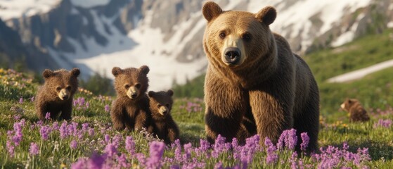 Brown bear family in alpine meadow with purple flowers
