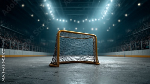 Ice hockey rink with an empty goal and vibrant audience