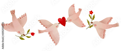 Horizontal border design with cartoon pink birds holding red flowers and heart hand drawn illustration header for girl power blog menstruation tracking isolated