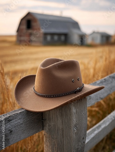 Cowboy hat on fence post at sunset with rustic barn