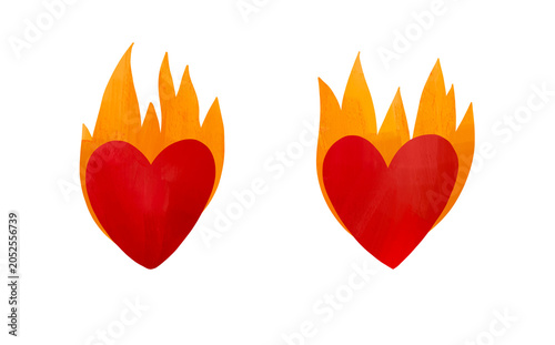 Two burning red hearts with orange fire flames hand drawn illustration concept for pms cramps menstruation pain girl power and high body temperature isolated