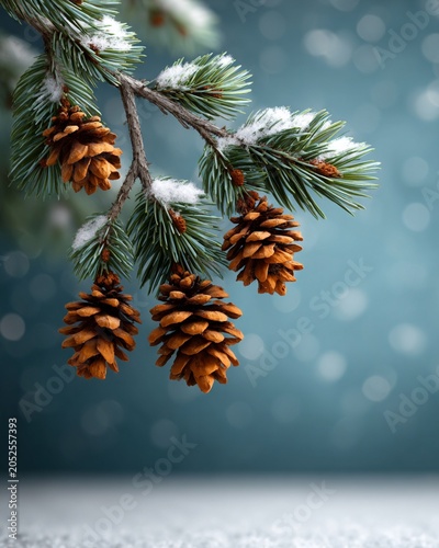 Snow-Covered Pine Branches with Cones and Holiday Lights