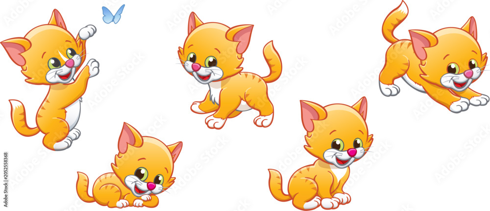 Obraz premium various cute smiling orange ginger striped cartoon kitten cat character vector set on transparent background